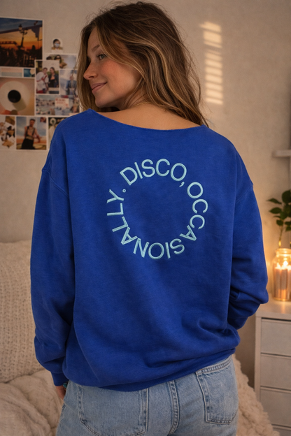 KISS ALL THE TIME DISCO OCCASIONALLY ,back to back Embroidered distressed crewneck   – Pop Music Inspired