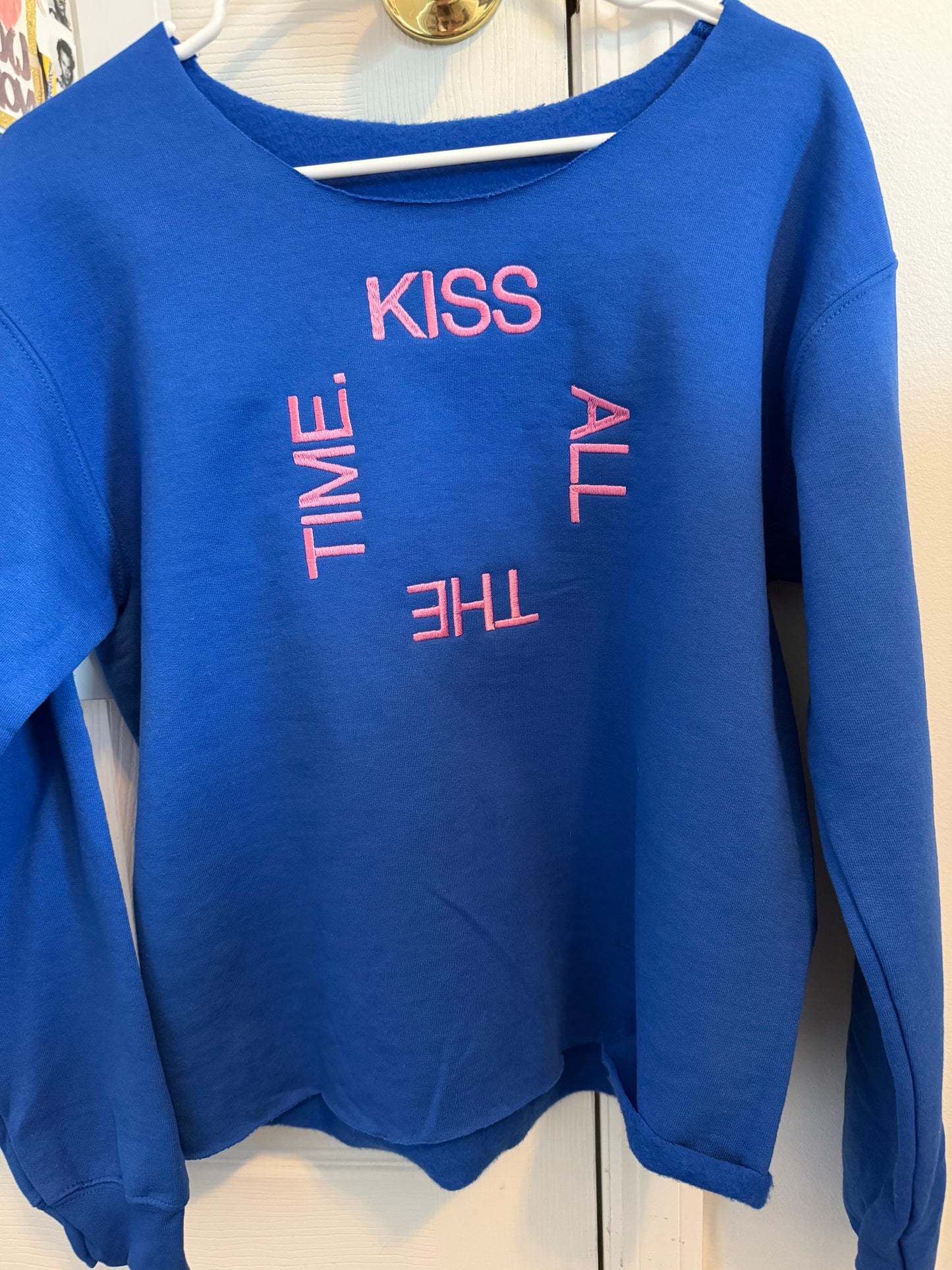 KISS ALL THE TIME DISCO OCCASIONALLY ,back to back Embroidered distressed crewneck   – Pop Music Inspired