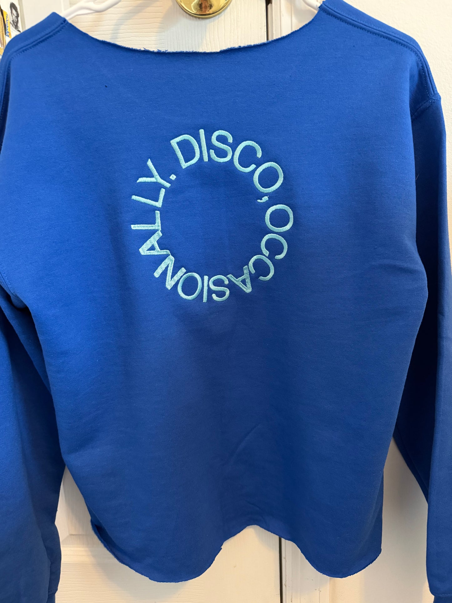 KISS ALL THE TIME DISCO OCCASIONALLY ,back to back Embroidered distressed crewneck   – Pop Music Inspired